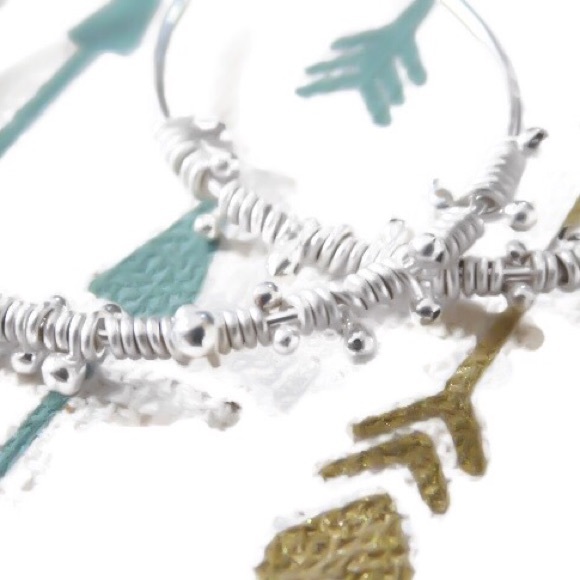 925 Sterling Silver Wire Wrapped Dew Drop Beaded Medium Sized Hoop Earrings - Picture 6 of 8